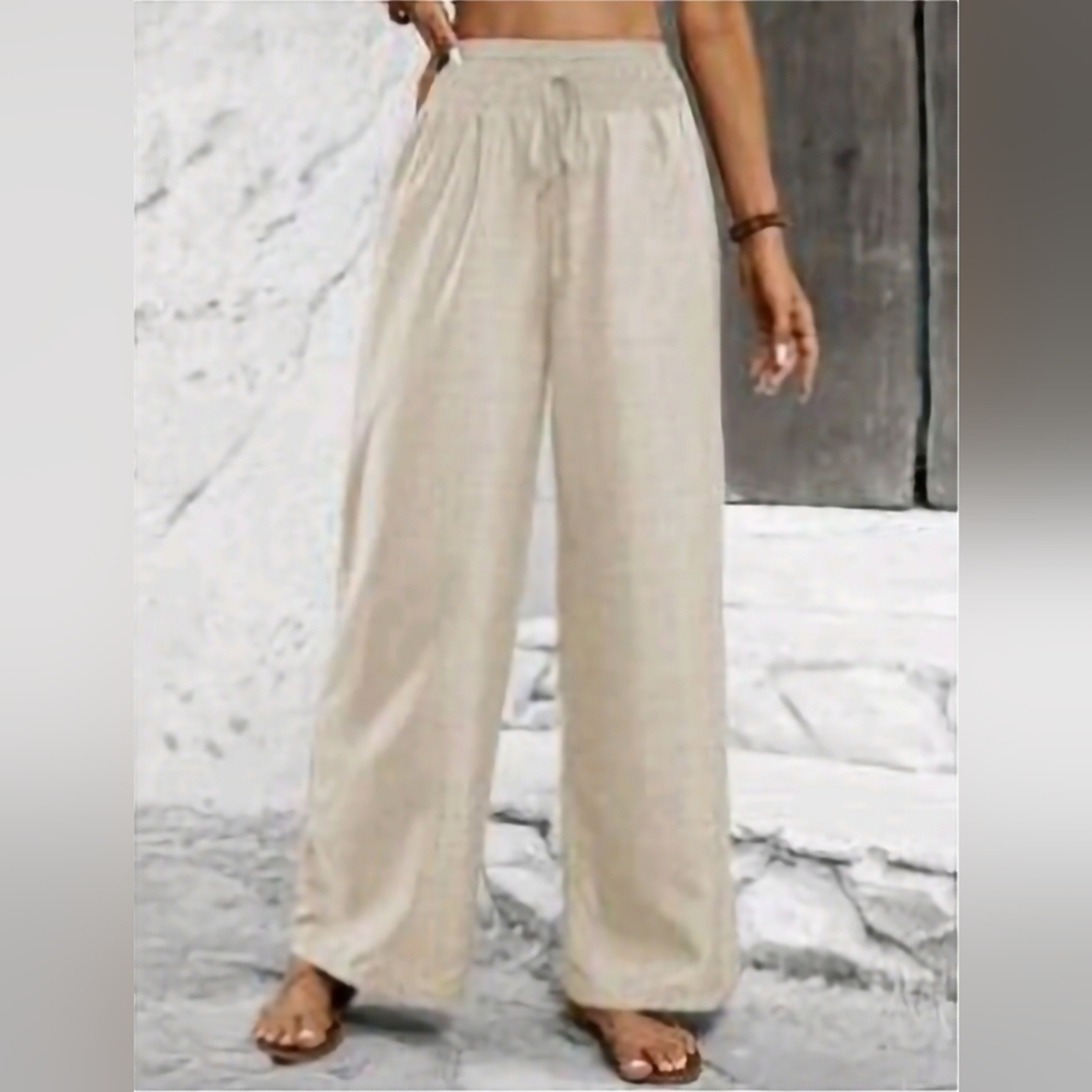Elegant Cream Women's Wide-Leg Pants